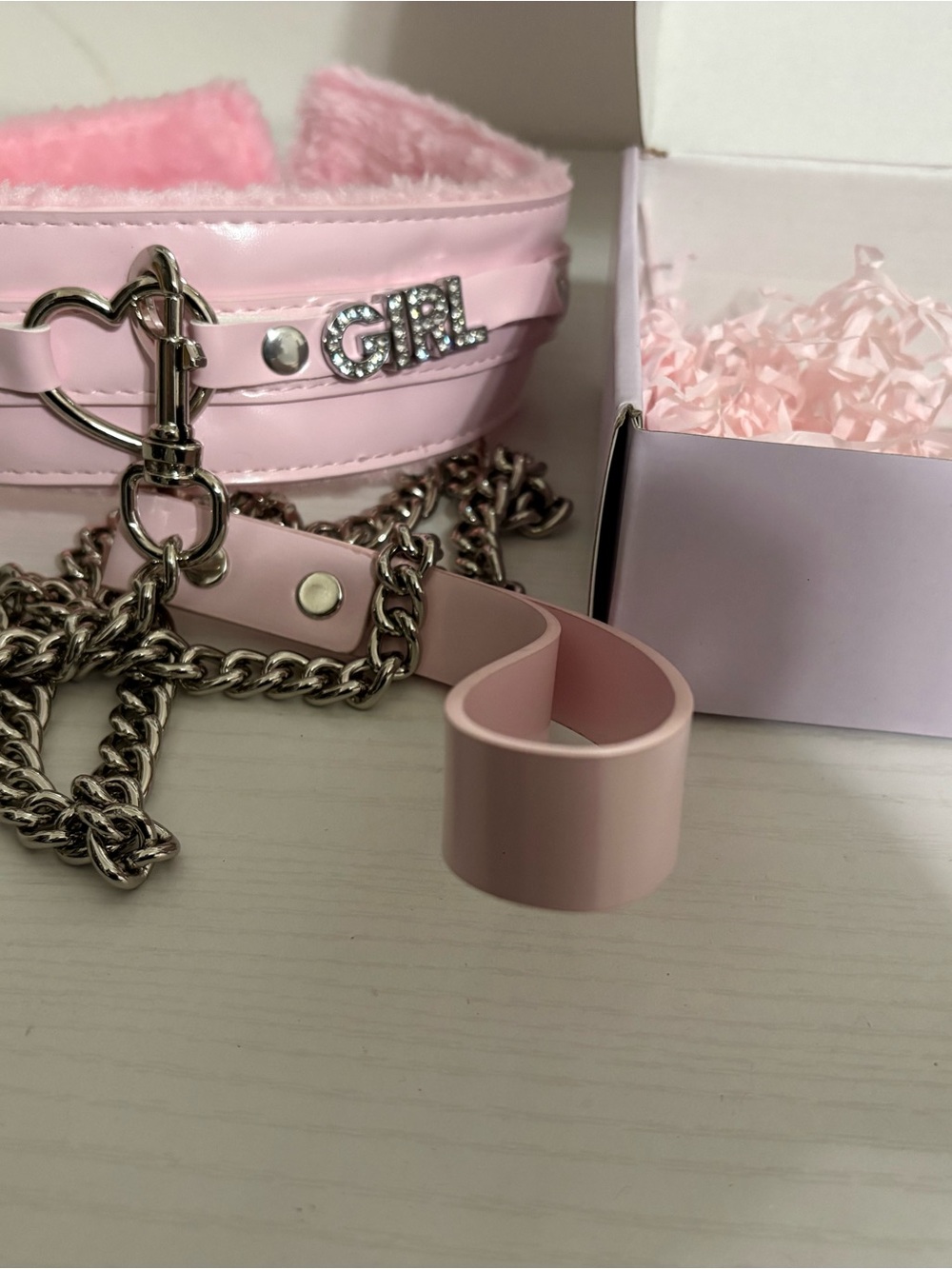Pink Faux Leather 'GIRL' Heart Chain Choker Collar